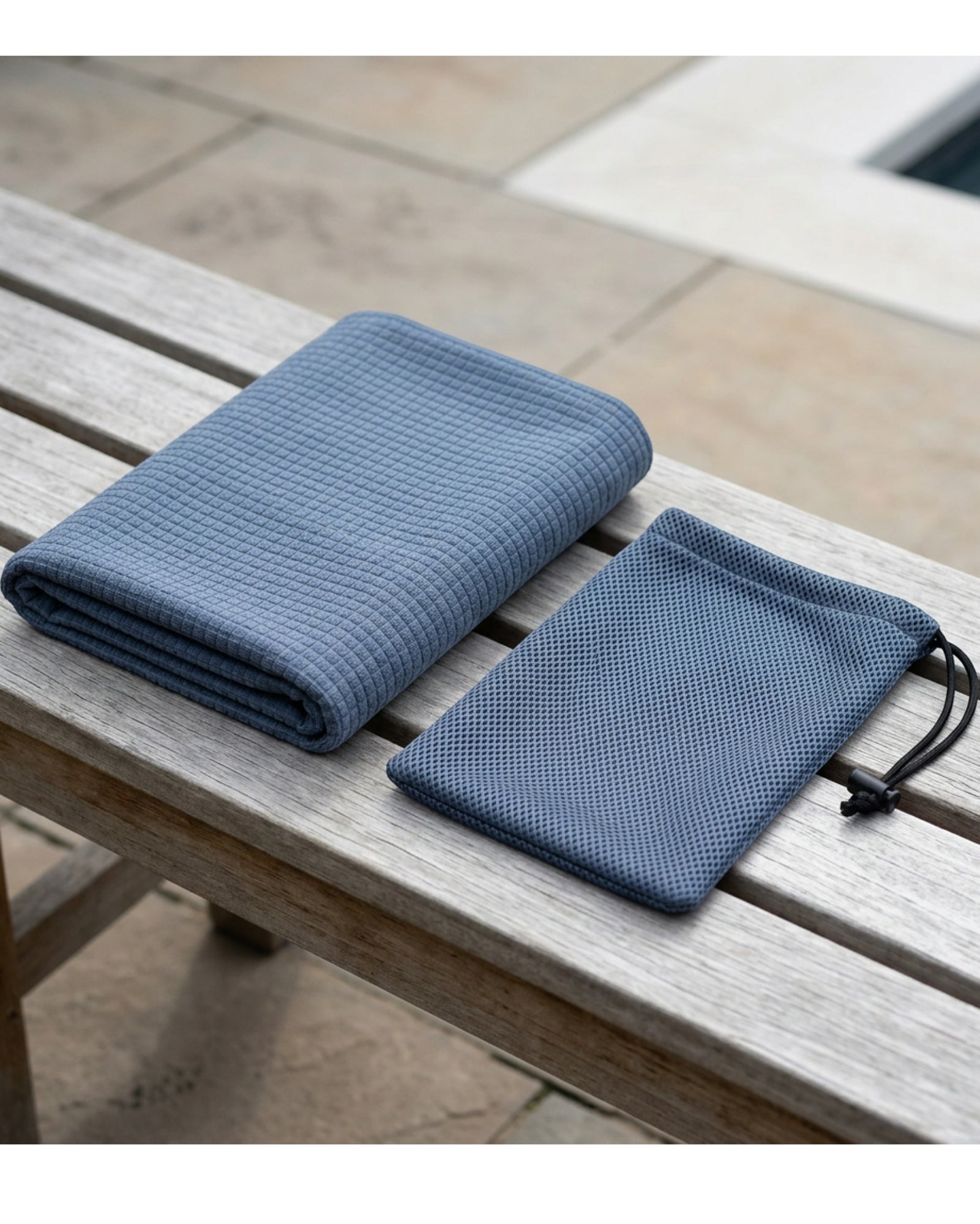 Rmba Grid Microfiber Swim Training Towel with Mesh Pouch Slate Blue - Lifestyle view